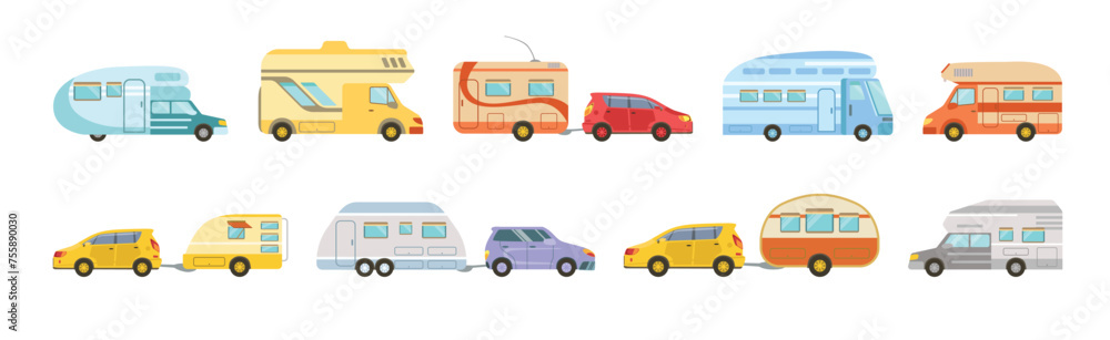 Camping Caravan and Recreational Vehicle with Car Vector Set Camping Caravan and Recreational Vehicle with Car Vector Set