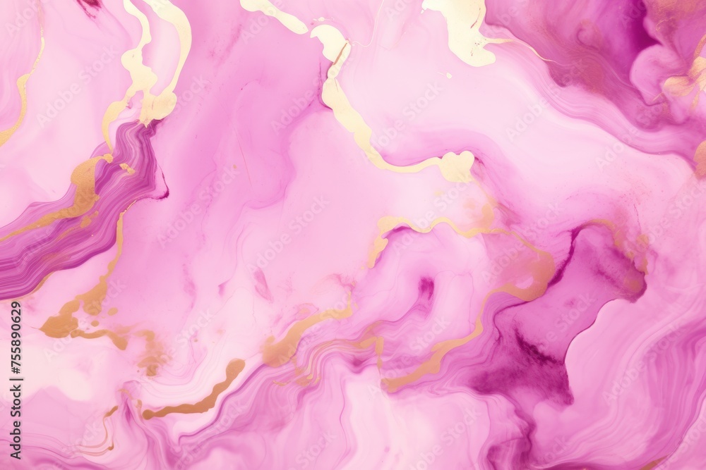 Fluid art texture. Background with abstract mixing paint effect. Liquid acrylic artwork that flows and splashes. Mixed paints for interior poster. Pink, gold and purple colors