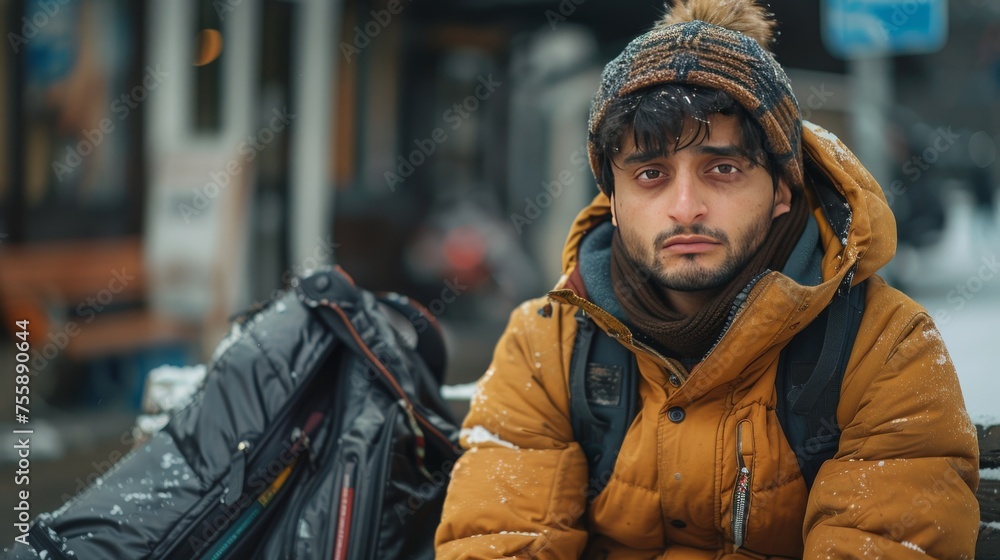 Emotional Moment: Indian Student with Luggage, Expressing Upset on Bench generative ai Emotional Moment: Indian Student with Luggage, Expressing Upset on Bench generative ai