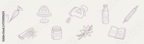 Baking and Bakery Equipment and Tool Flat Line Vector Set
