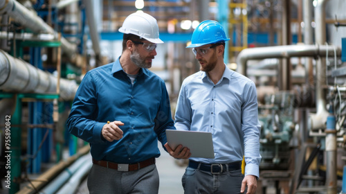 Two professionals in hard hats discuss work on a tablet while walking through an industrial manufacturing facility.