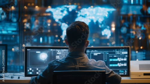 A person working on supercomputer and looking at world map on virtual screen photo