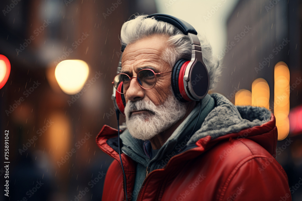 Elderly man in a stylish outfit listens to music with headphones