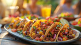 Colorful tacos on rustic table with blurry people enjoying mexican food in outdoor setting