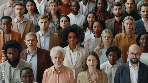 A group of people are standing together in a crowd. The people are of different races and genders. Concept of unity and diversity among the people