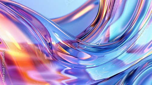 Colorful glass, holographic liquid metal background, 3D rendering, glassy texture, fluidity, abstract lines and curves, bright colors, light refraction effects. Generated by artificial intelligence.