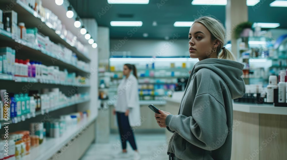 Young woman holding a smartphone, standing in a pharmacy aisle