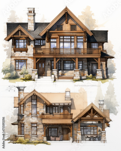 watercolor drawing of a wooden house