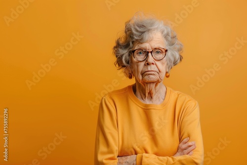 A woman in a yellow sweater is looking at the camera. She has a stern expression on her face and is crossing her arms. Portrait of an unhappy senior retired woman
