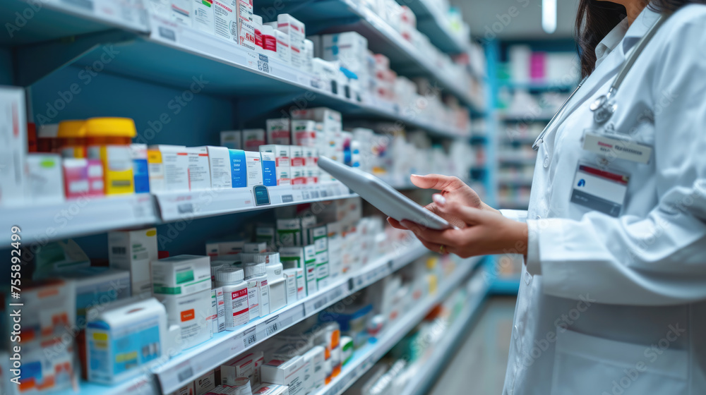 Female pharmacist or healthcare professional taking inventory or reviewing a clipboard in a pharmacy with shelves stocked with various medications. Female pharmacist or healthcare professional taking inventory or reviewing a clipboard in a pharmacy with shelves stocked with various medications.