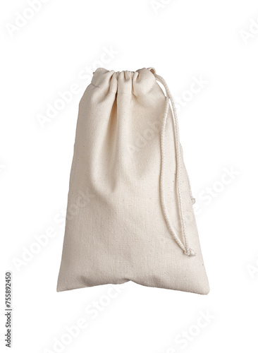 Natural textile bag with drawstrings isolated on white background, transparent PNG