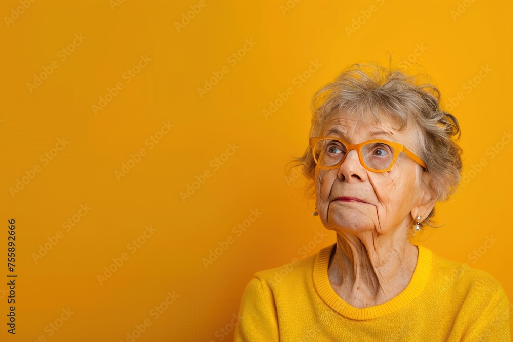 A woman in a yellow shirt and glasses is looking at the camera. Portrait of an unhappy senior retired woman yellow sweater A woman in a yellow shirt and glasses is looking at the camera. Portrait of an unhappy senior retired woman yellow sweater