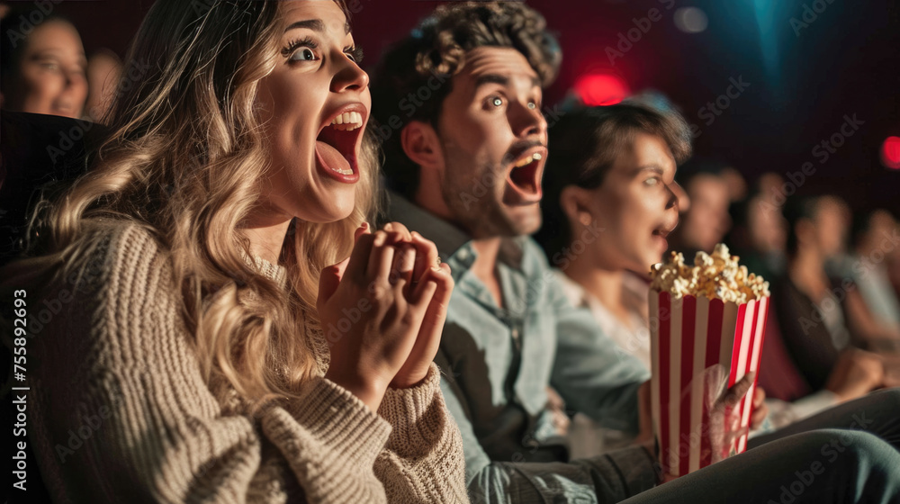 Young man and woman looking shocked and excited while watching a movie in a cinema, holding a box of popcorn.