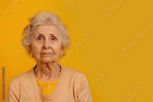 A woman with a yellow shirt and gray hair is looking at the camera. She has a serious expression on her face. Portrait of an unhappy senior retired woman