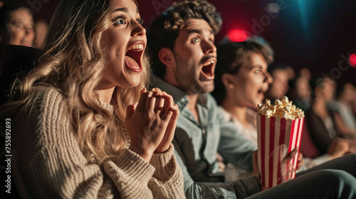 Young man and woman looking shocked and excited while watching a movie in a cinema, holding a box of popcorn.