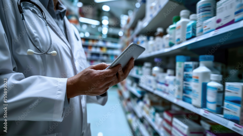 Pharmacist in a white lab coat is using a tablet in a pharmacy with shelves stocked with medications in the background.