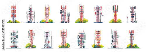 5g base stations satellite towers, cartoon gsm telecommunication transmitters vector set. Telekom tv radio wireless signal broadcasting equipment trees nature objects isolated on white background photo