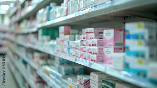 Wallpaper Mural Shelf in a pharmacy stocked with various medication boxes, with a focus on the packaging in the foreground and a blurred background Torontodigital.ca