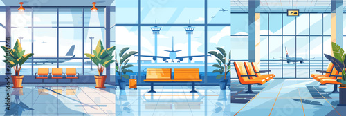 Airport empty interior cartoon vector scenes. Waiting departure arrival terminal interior, plane airline control tower window view, room plants air travel illustration isolated on white background © ONYXprj