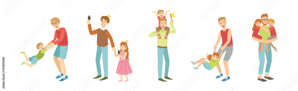 Man Father and Kid Spend Good Time Together Vector Set Man Father and Kid Spend Good Time Together Vector Set
