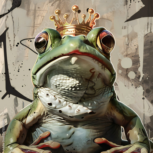 frog on a on the wall, crown, king, Beautiful , Animal portrait, graffiti, art, paint photo