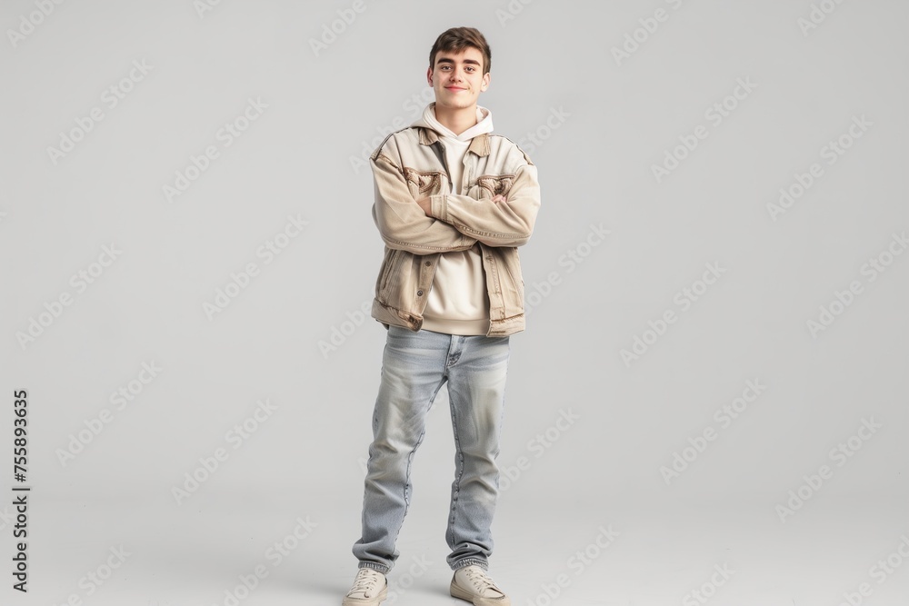 A young man in a tan jacket and blue jeans stands with his arms crossed A young man in a tan jacket and blue jeans stands with his arms crossed