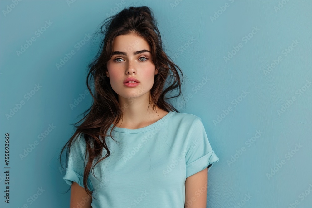 Fototapeta premium A woman with long brown hair is wearing a blue shirt