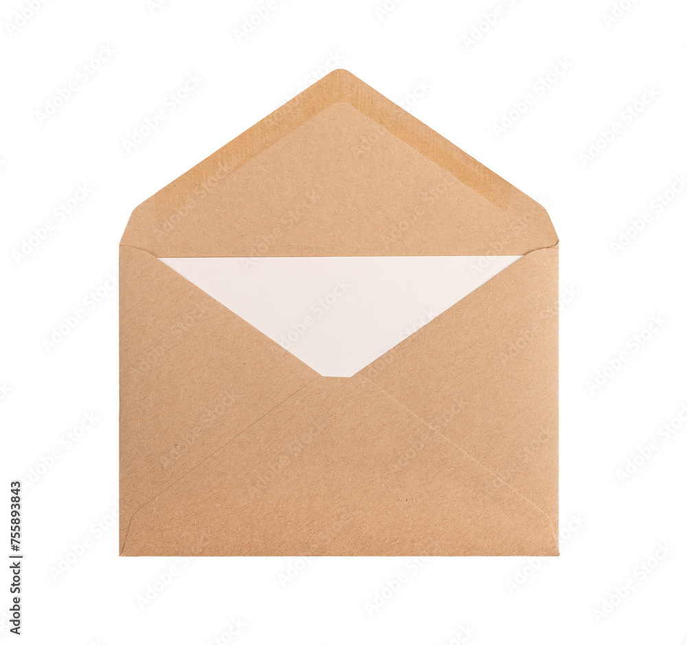 Open kraft paper envelope with letter, card inside isolated on white background, transparent PNG Open kraft paper envelope with letter, card inside isolated on white background, transparent PNG