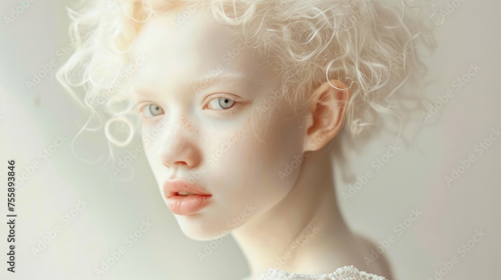 International Albinism Awareness Day, portrait of an albino girl of model appearance, genetic feature, snow-white skin, short hair, the concept of clean skin and cosmetology