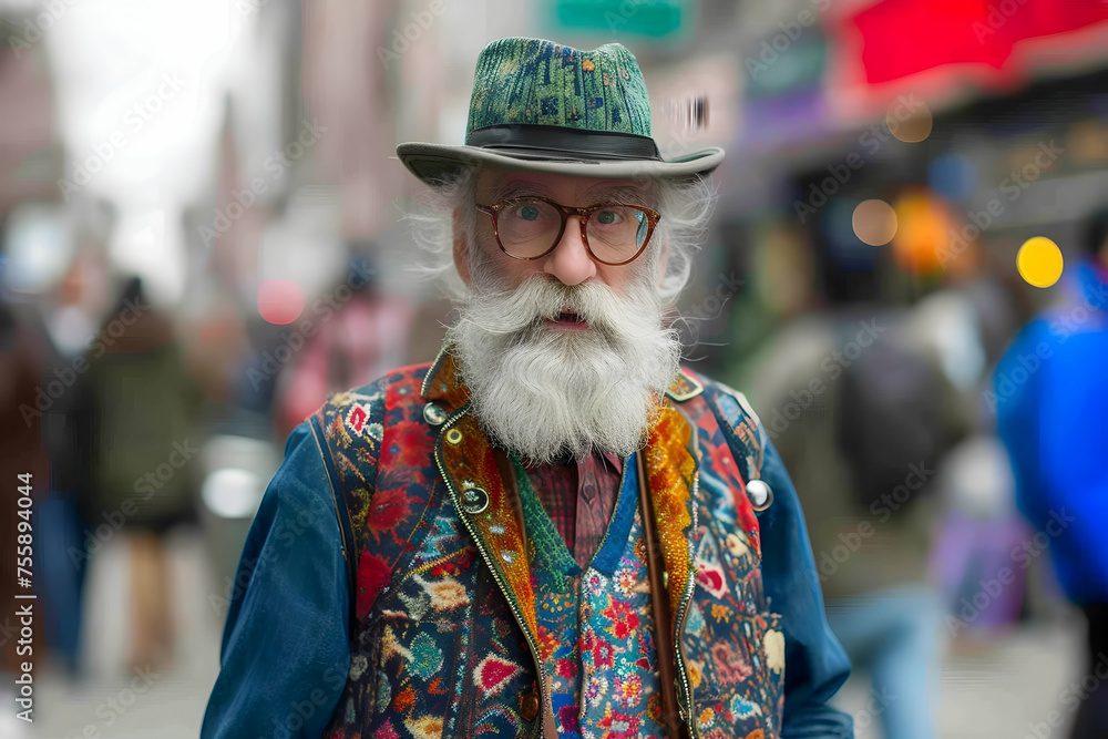Eclectic Grandpa Street Style Fashion, A stylish and unique look showcasing eclectic street fashion worn by a fashionable grandpa.