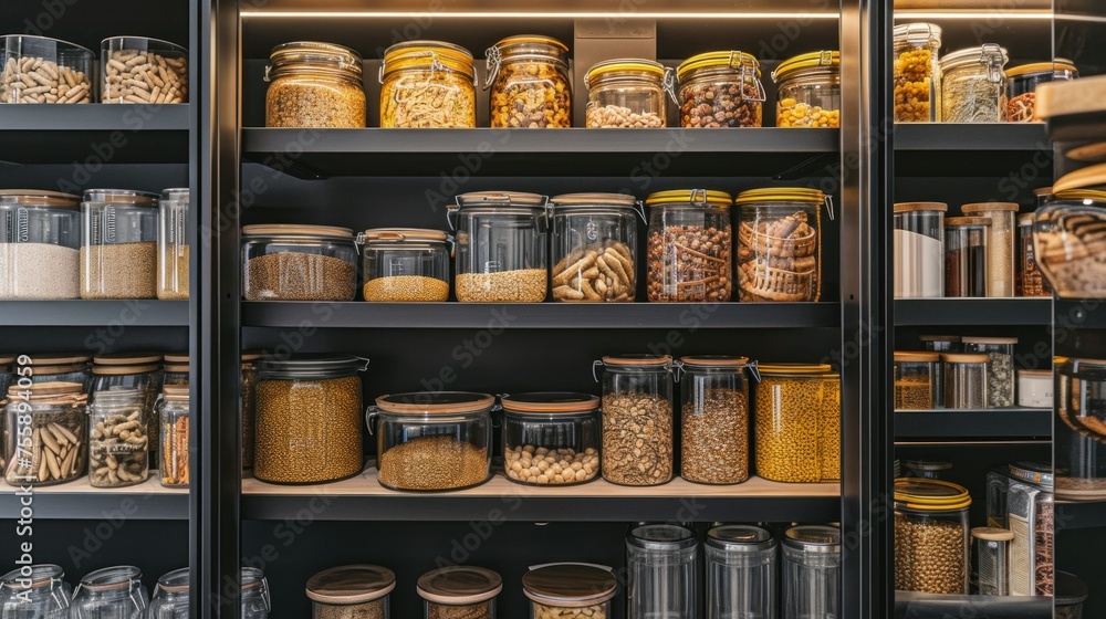 kitchenware, glass jars with beans, pasta and grains on metal green shelf at cabinet. storage food concept and order at kitchen