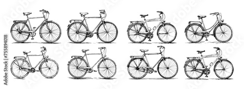Bicycles classic modern street models pencil sketch style vector set. Two wheeled vehicles, urban and countryside eco transport, black illustrations isolated on white background