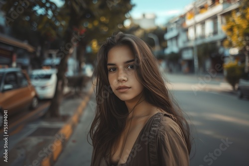 A woman with long hair stands on a city street
