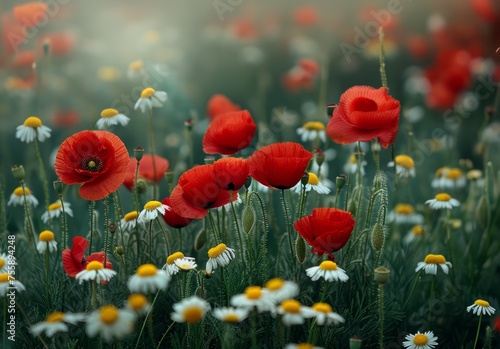 Spring field of red poppies and daisies closeup view