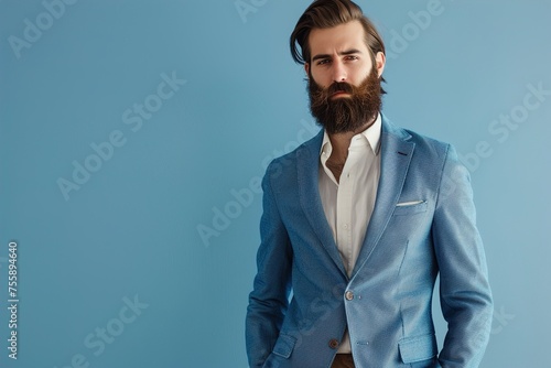 A man with a beard and a blue jacket is standing in front of a blue wall