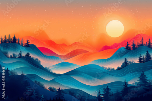 Beautifull modern illustration of natural landscapes, with mountains, valleys, flowers, trees and forests