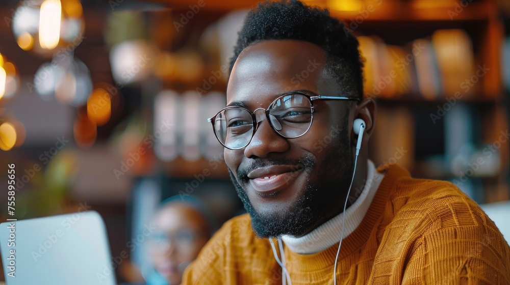 Elegance meets productivity! A stylish man in a pale-orange sweater, glasses, and earpods sits at a desk, typing on a computer. Elegance meets productivity! A stylish man in a pale-orange sweater, glasses, and earpods sits at a desk, typing on a computer.