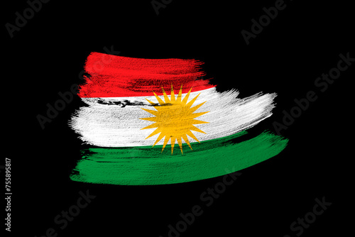 creative national grunge Kurdistan flag, brushstroke on black isolated background, concept of politics, global business, international cooperation, basis for designer, rights and freedoms of citizens
