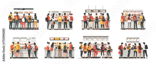 Customer people cartoon vector scenes. Crowd group casual clothes back view clients characters, standing counter snack coffee shop fast food, illustrations isolated on white background