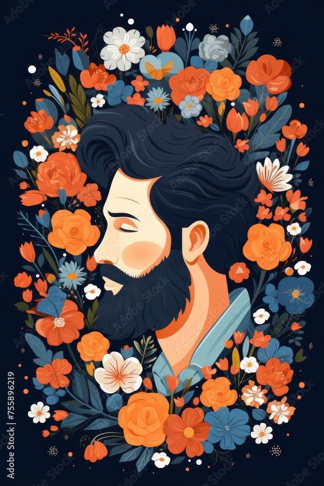 Artistic illustration of a bearded man surrounded by vibrant flowers. Artistic illustration of a bearded man surrounded by vibrant flowers.