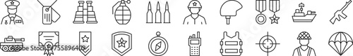 Set of thin line icons of army. Editable stroke. Simple linear illustration for web sites, newspapers, articles book