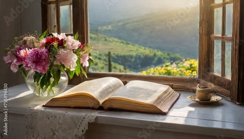 book and flower on window