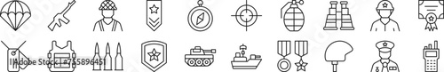 Bundle of linear symbols of army. Editable stroke. Linear symbol for web sites, newspapers, articles book