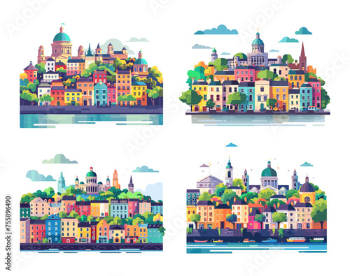 Dublin city view set. Colour minimal flat ireland building craft city panorama collection, simple cartoon cityscapes vector illustration