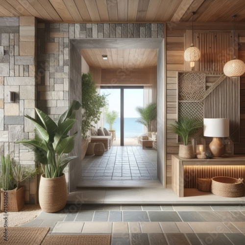 Welcome to Coastal Tranquility: Step into a Modern Entrance Hall with Stone Tile Walls and Rustic Wooden Accents, Embracing the Essence of Coastal Interior Design