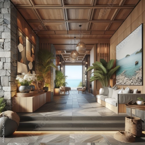Welcome to Coastal Tranquility  Step into a Modern Entrance Hall with Stone Tile Walls and Rustic Wooden Accents  Embracing the Essence of Coastal Interior Design