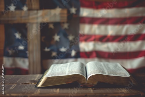 Religious Freedom Concept with Open Bible and American Flag - Ideal for Themes of Faith and Patriotism