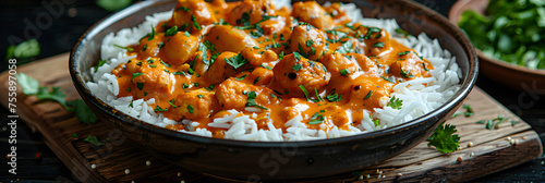 Chicken Tikka Masala with Rice Food Photo,
A bowl filled with rice and meat covered in sauce
