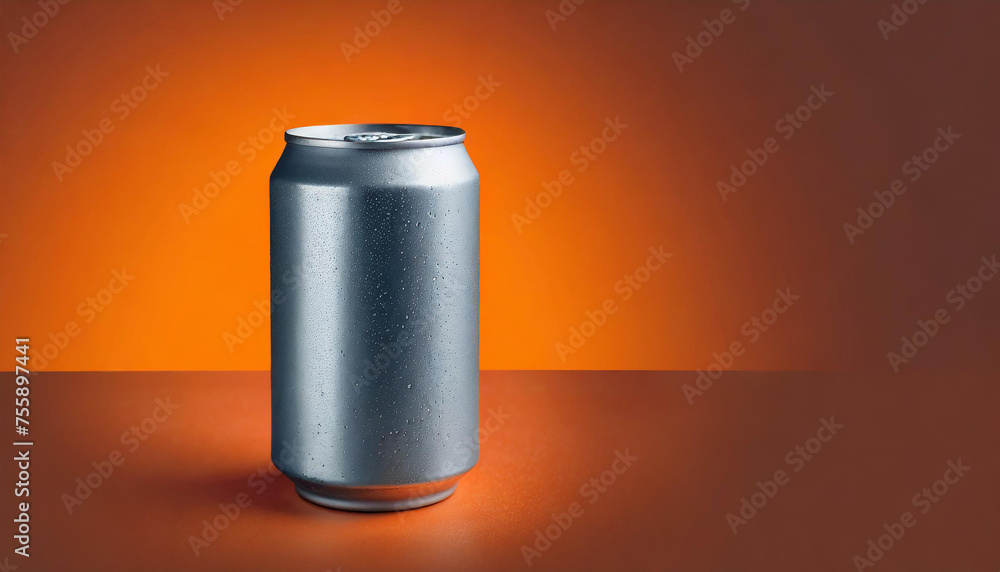 Silver aluminum can with condensation drops on orange background. Drink package. Refreshing beverage. Silver aluminum can with condensation drops on orange background. Drink package. Refreshing beverage.