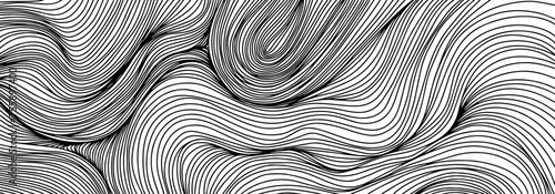 Black and white linear wavy background. Wave pattern. Abstract texture with line curves. Swirl pattern. Deformed curved lines.